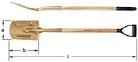 Two horizontal views of a bronze edging spade with wood handle and black D-grip. Top image shows the curvature of the shovel blade.  Bottom image exhibits the gently curved blade with a straight handle and a D-shaped grip.